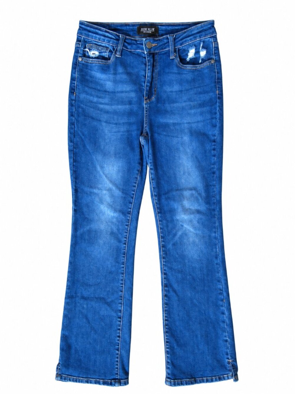 Judy Blue Distressed Flare Jeans Side Slit Medium Wash | 7/28